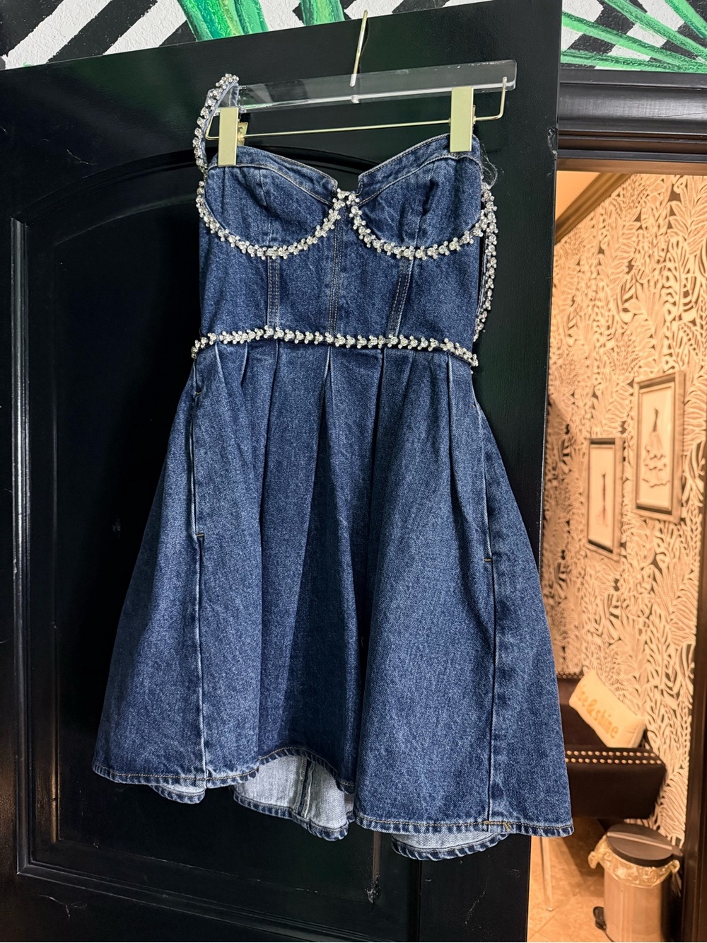Self-Portrait Denim Strapless Dress with Crystal Trim - Blue